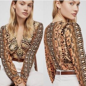 Free People Wild And Free Blouse Orange Black Combo NWOT Size M